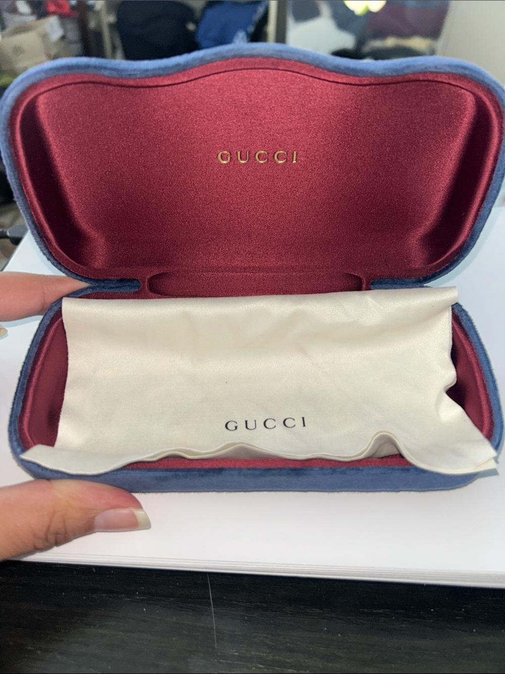 Gucci Eyewear Case in Navy Exterior with Burgundy Interior